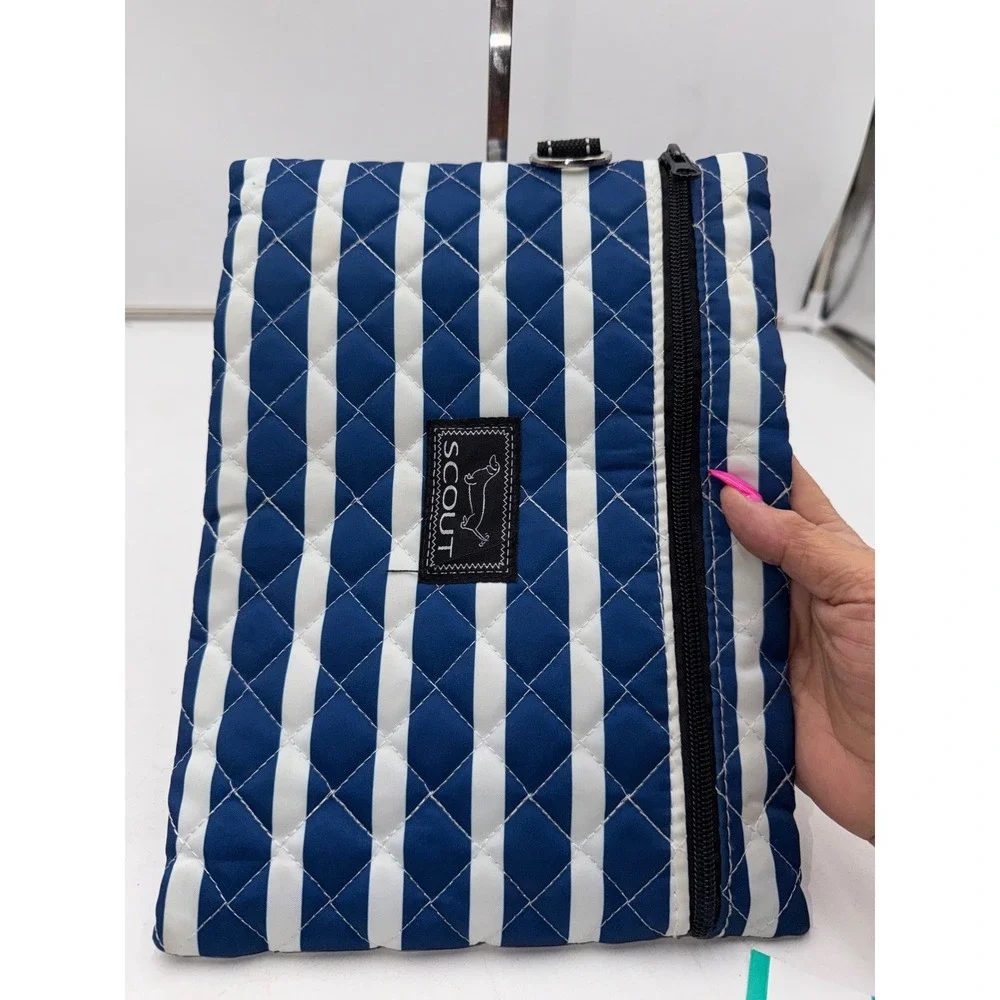 Scout Quilted Zipper Pouch Navy Blue White Nautical Stripe D-Ring Accessory Bag